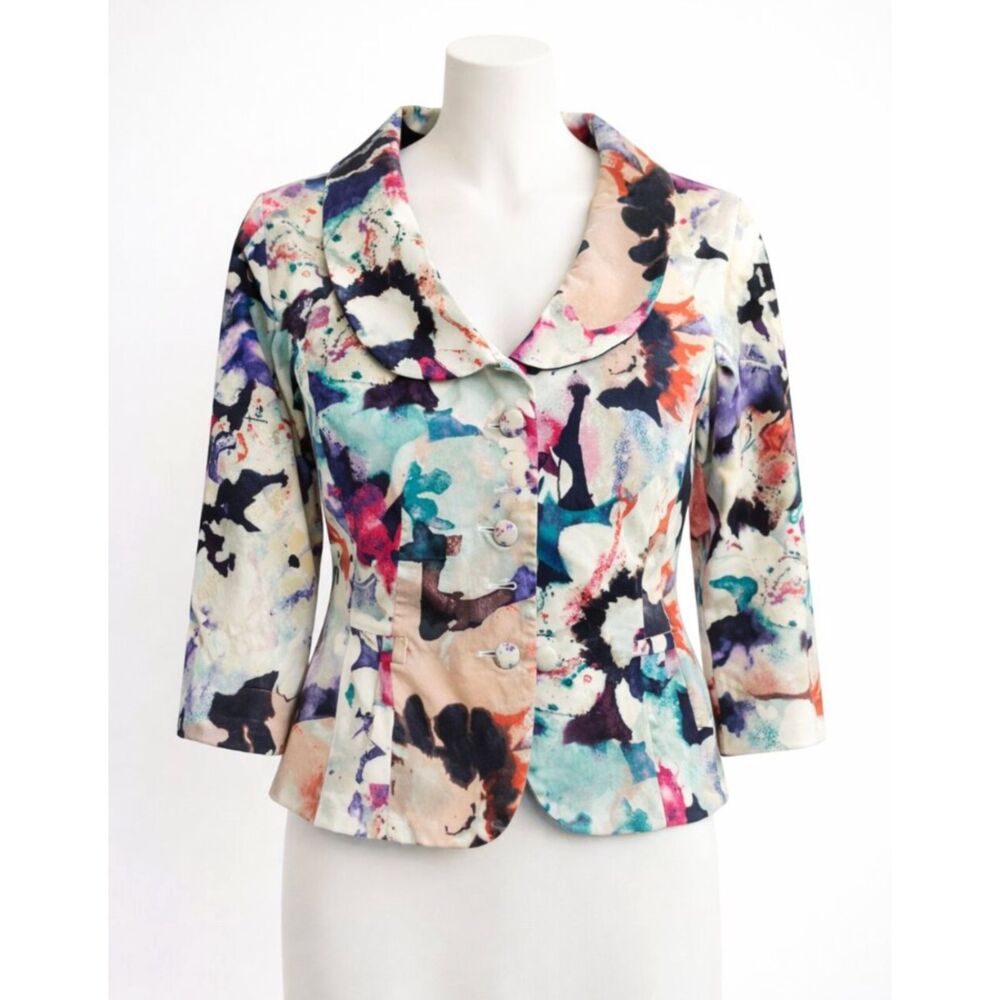 Maggie Boutique Colorful Abstract Crop Jacket Blazer 3/4 Sleeve Size 6P EUC
